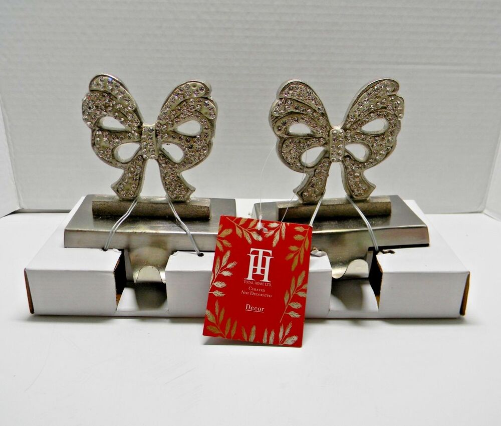 Total Home Set of 2 Bow Stocking Holder Glam Silver Christmas Holiday NWT